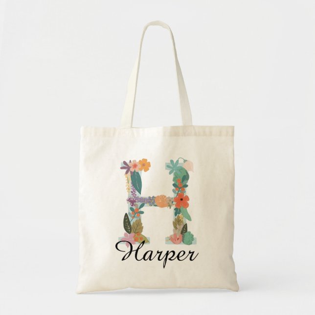 Personalized Floral Monogram Custom Name Botanical Tote Bag (Front)