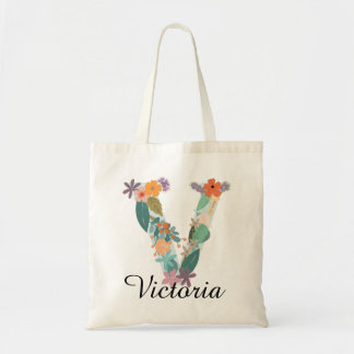 Personalized Floral Monogram Custom Name Letter V  Tote Bag