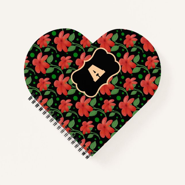 Personalized Floral Monogram Design | Red Flower  Notebook (Front)