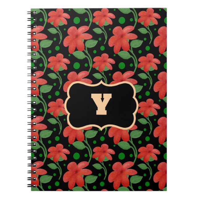 Personalized Floral Monogram Design | Red Flower  Notebook (Front)