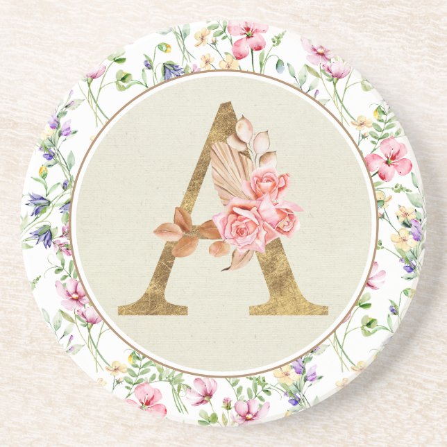 Personalized Floral Monogram, From A to Z Coaster (Front)