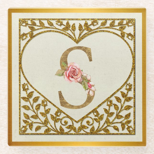 Personalized Floral Monogram, From A to Z  Glass Coaster (Front)