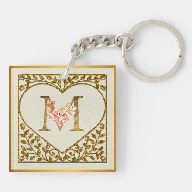 Personalized Floral Monogram, From A to Z  Keychain (Back)