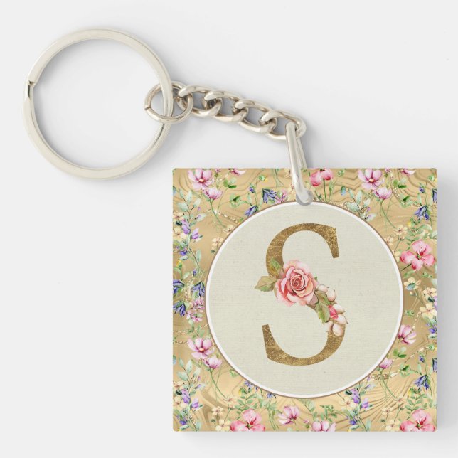 Personalized Floral Monogram, From A to Z  Keychain (Front)