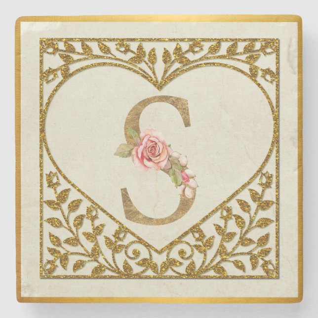 Personalized Floral Monogram, From A to Z  Stone Coaster (Front)