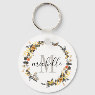 Personalized Floral Monogram Golden Fall Foliage Keychain
