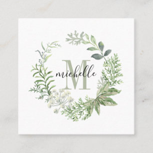 Personalized Floral Monogram Green Forest Leaves Square Business Card