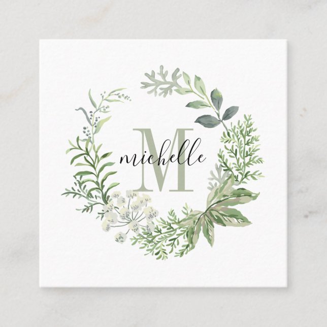 Personalized Floral Monogram Green Forest Leaves Square Business Card (Front)