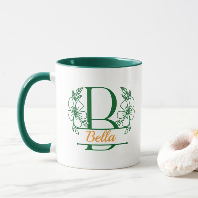Personalized Floral Monogram Letter B Mug - Custom (With Donut)