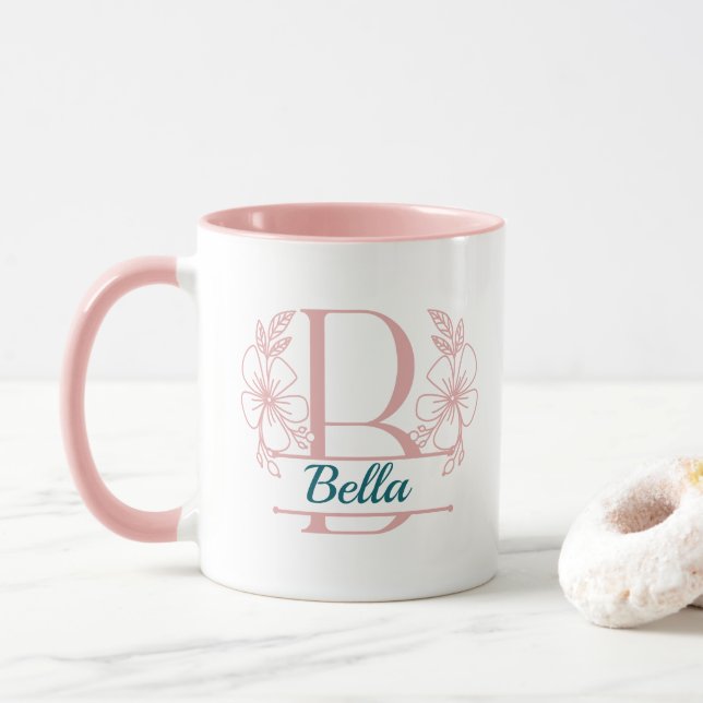 Personalized Floral Monogram Letter B Mug - Custom (With Donut)