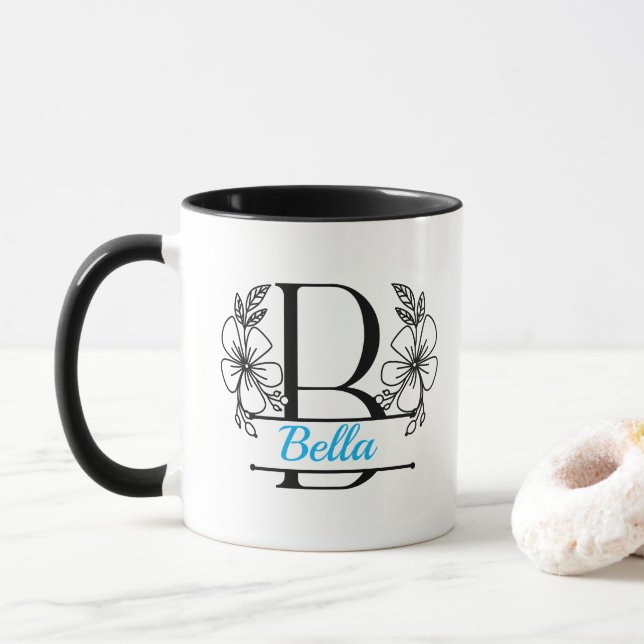 Personalized Floral Monogram Letter B Mug - Custom (With Donut)