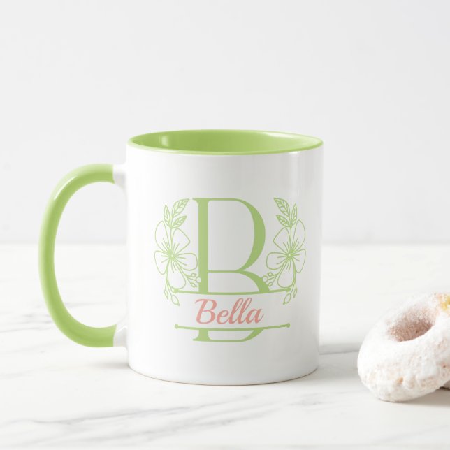 Personalized Floral Monogram Letter B Mug - Custom (With Donut)