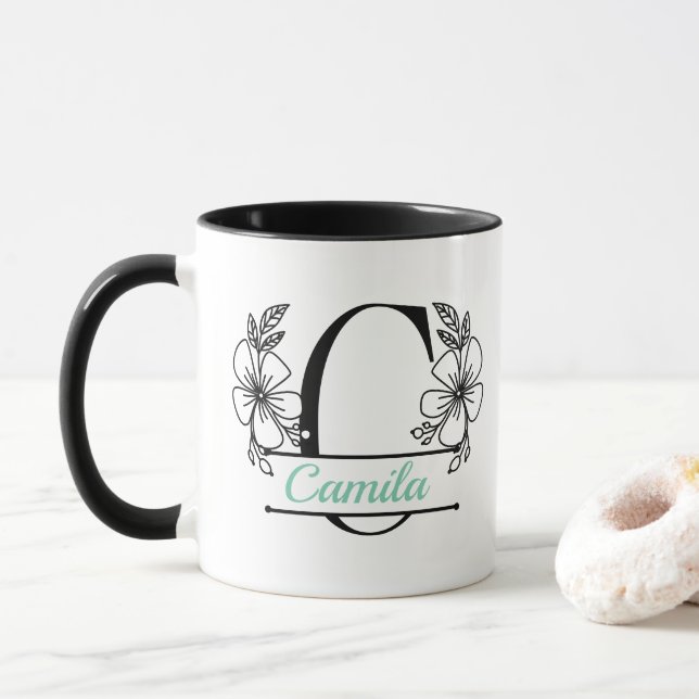 Personalized Floral Monogram Letter C Mug - Custom (With Donut)