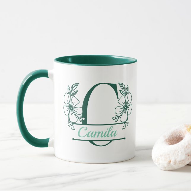 Personalized Floral Monogram Letter C Mug - Custom (With Donut)