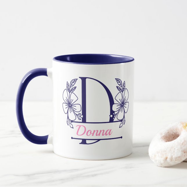Personalized Floral Monogram Letter D Mug - Custom (With Donut)