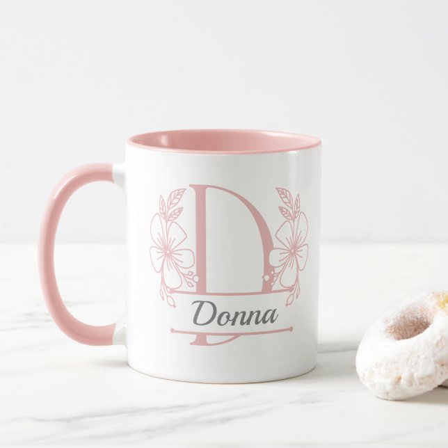 Personalized Floral Monogram Letter D Mug - Custom (With Donut)