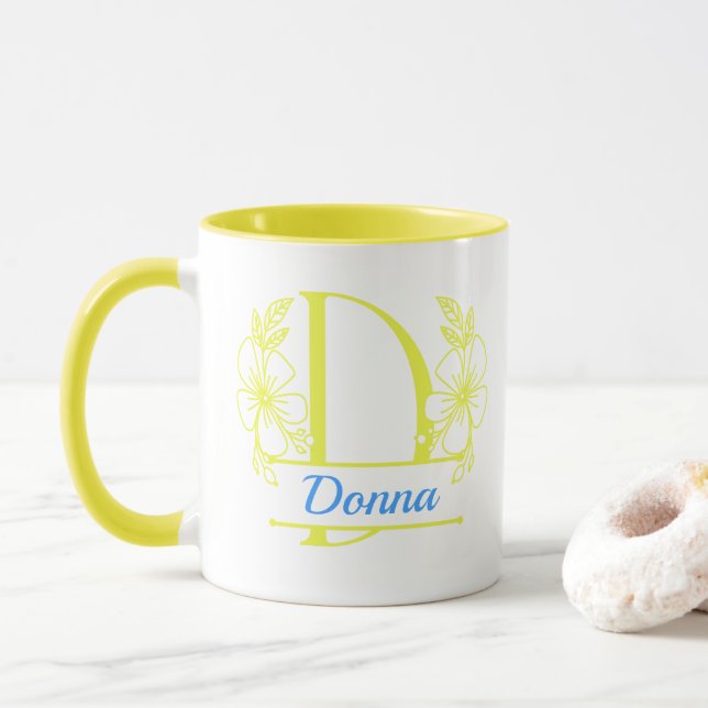 Personalized Floral Monogram Letter D Mug - Custom (With Donut)
