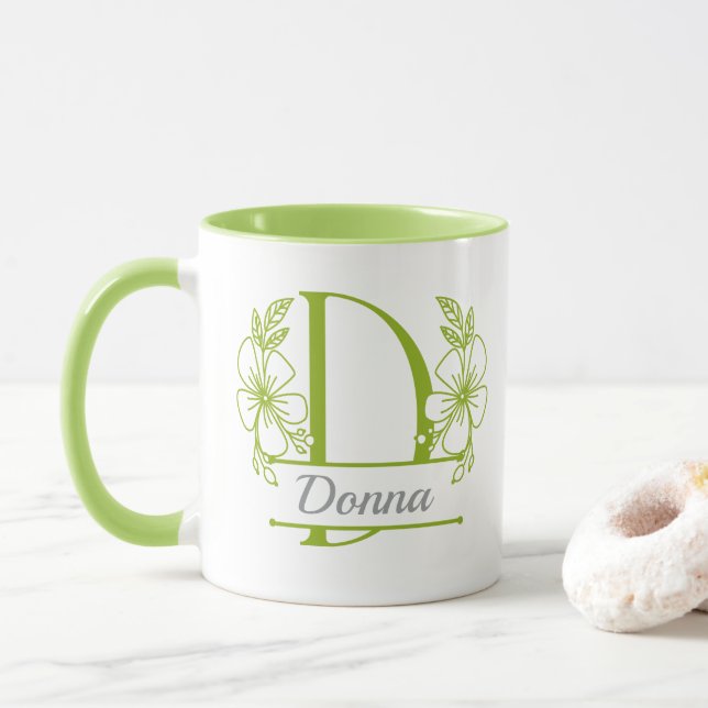 Personalized Floral Monogram Letter D Mug - Custom (With Donut)