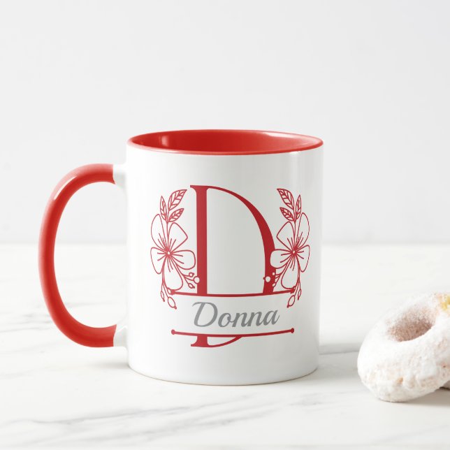 Personalized Floral Monogram Letter D Mug - Custom (With Donut)
