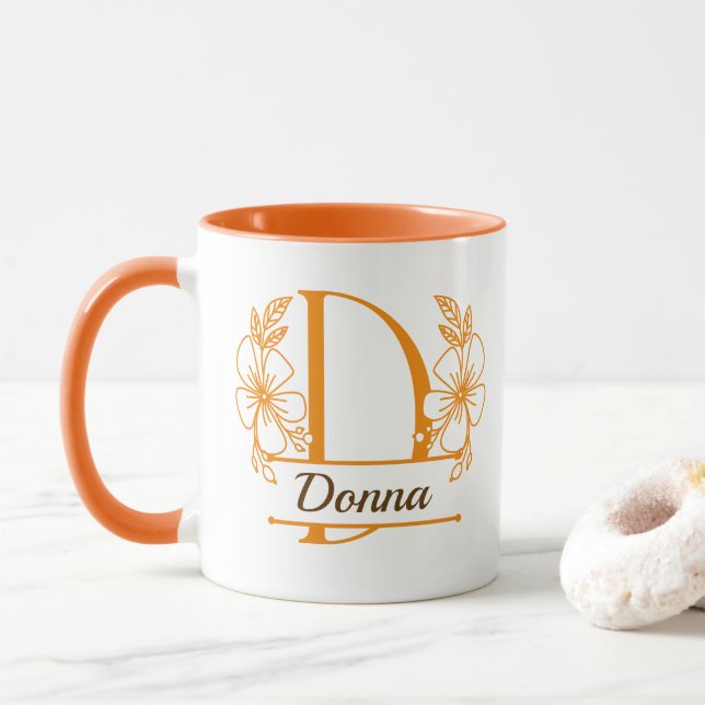 Personalized Floral Monogram Letter D Mug - Custom (With Donut)