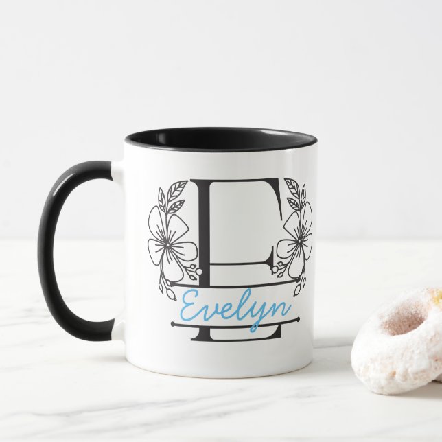 Personalized Floral Monogram Letter E Mug - Custom (With Donut)