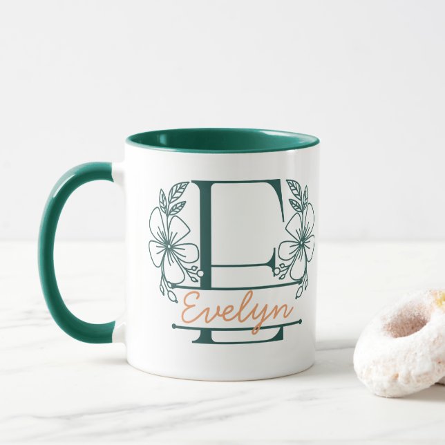 Personalized Floral Monogram Letter E Mug - Custom (With Donut)