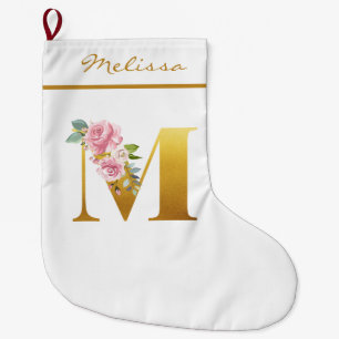 Personalized Floral Monogram Letter M Botanical Large Christmas Stocking
