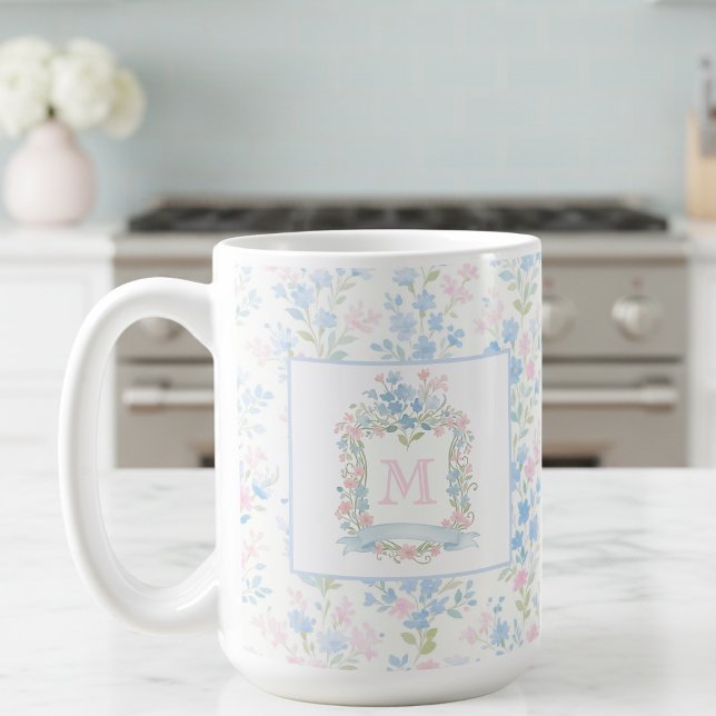 Personalized Floral Monogram Mug (preppy pretty grandmillennial floral family crest mug with custom monogram initial)