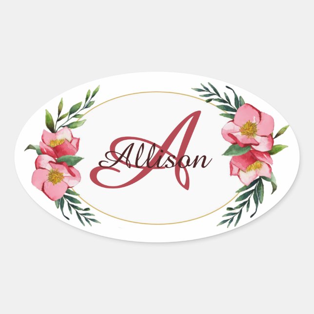 Personalized floral monogram oval sticker (Front)