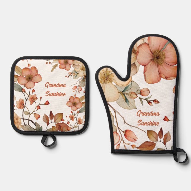 Personalized Floral Monogram Oven Mitt & Pot Holder Set (Front)