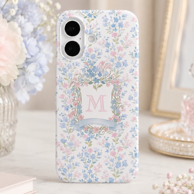 Personalized Floral Monogram Phone Case (elegant girly grandmillennial blue pink floral wildflower phone case with crest monogram initial)