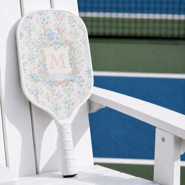 Personalized Floral Monogram Pickleball Paddle (elegant grandmillennial pale blue pink floral crest pickleball paddle with custom monogram initial )