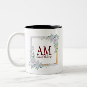 Personalized Floral Monogram Rose Frame Two-Tone Coffee Mug