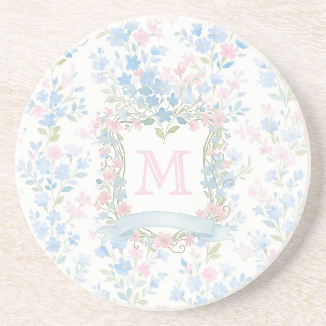 Personalized Floral Monogram Sandstone Coaster (Front)