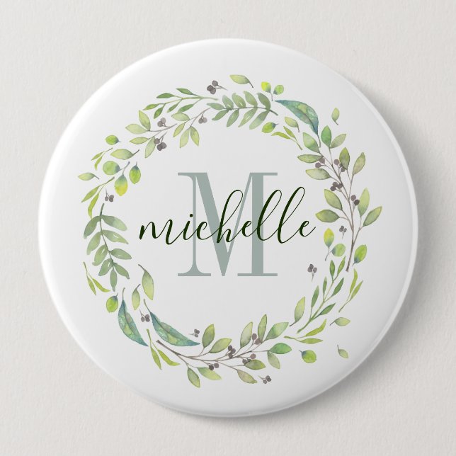 Personalized Floral Monogram Soft Summer Foliage 4 Inch Round Button (Front)