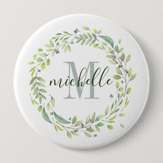 Personalized Floral Monogram Soft Summer Foliage 4 Inch Round Button