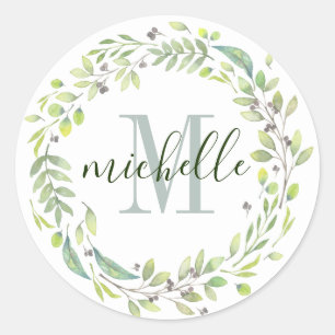 Personalized Floral Monogram Soft Summer Foliage Classic Round Sticker