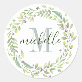 Personalized Floral Monogram Soft Summer Foliage Classic Round Sticker