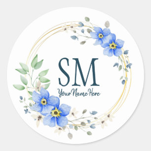 Personalized Floral Monogram Wild Blue Flowers Classic Round Sticker