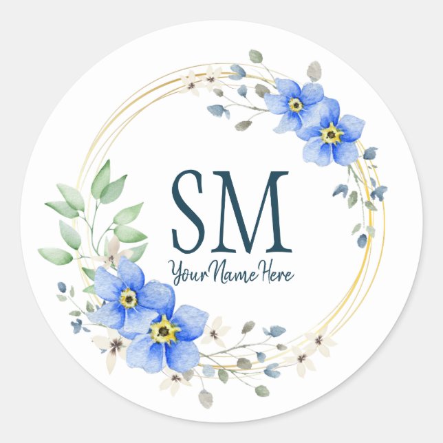 Personalized Floral Monogram Wild Blue Flowers Classic Round Sticker (Front)