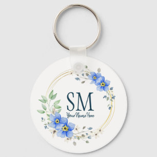 Personalized Floral Monogram Wild Blue Flowers Keychain