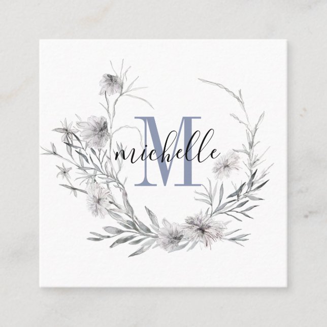 Personalized Floral Monogram Wildflower Foliage Square Business Card (Front)