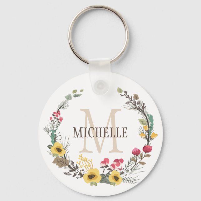 Personalized Floral Monogram Woodland Blossoms Keychain (Front)