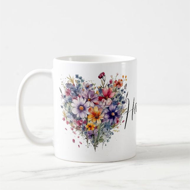 Personalized floral mug with a name and blossoming (Left)