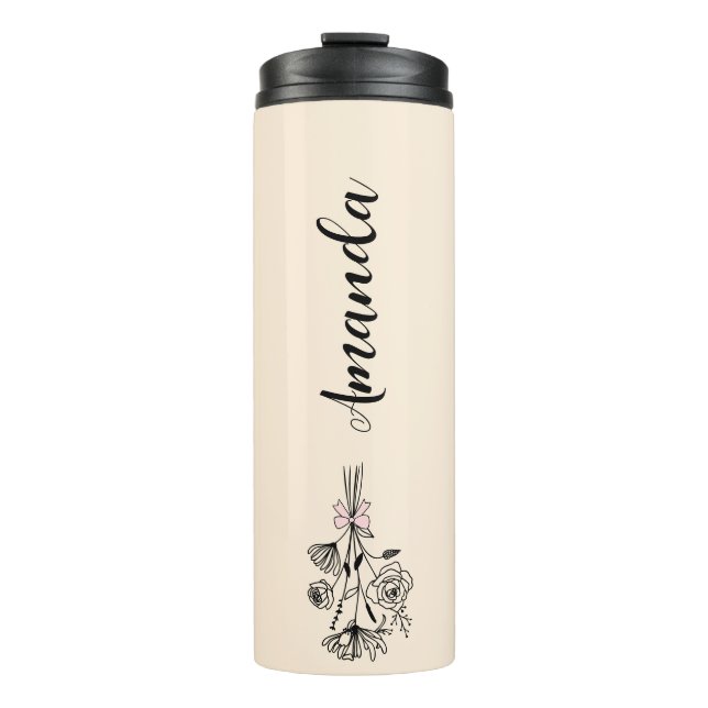 Personalized Floral Name Birth Month Flower Beige Thermal Tumbler (Front)