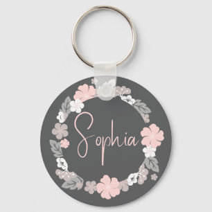 Personalized Floral Name Pink Keychain