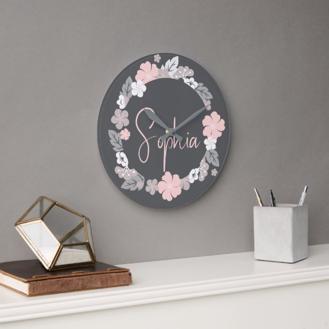 Personalized Floral Name Pink Large Clock (Office)