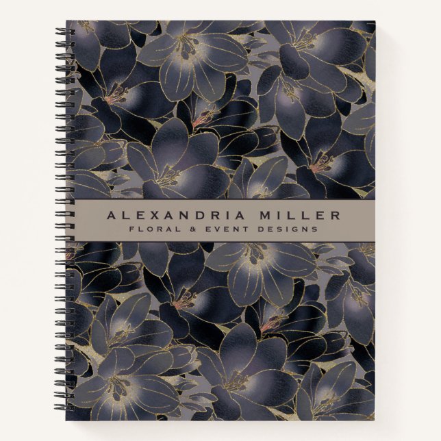 Personalized Floral | Navy Blue & Taupe Notebook (Front)