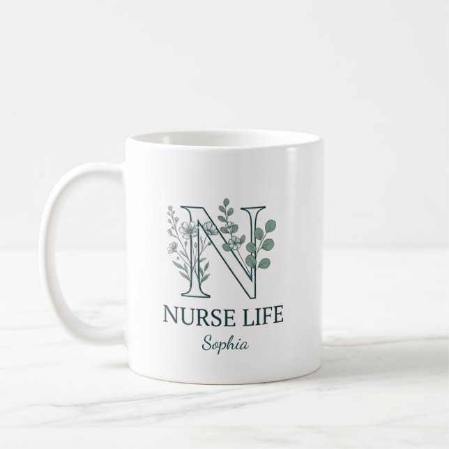 Personalized Floral Nurse Monogram Coffee Mug (Left)