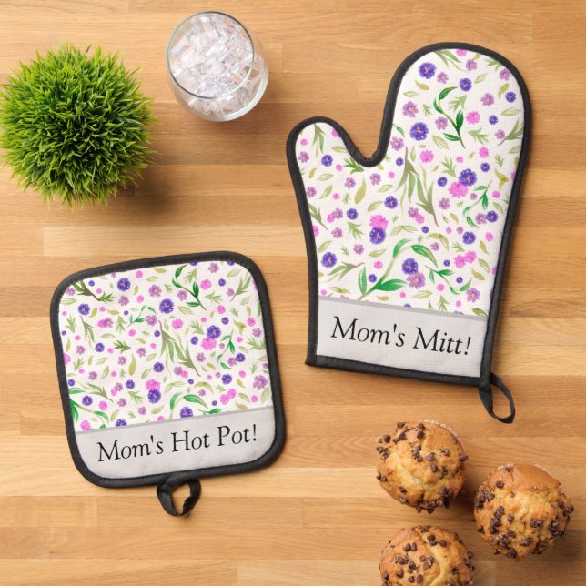 Personalized Floral Oven Mitt And Pot Holder Set  (Top Down)